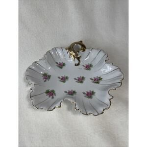 Roses Rose Pattern Leaf Shaped Trinket Trivet Tray NO MARKINGS Porcelain